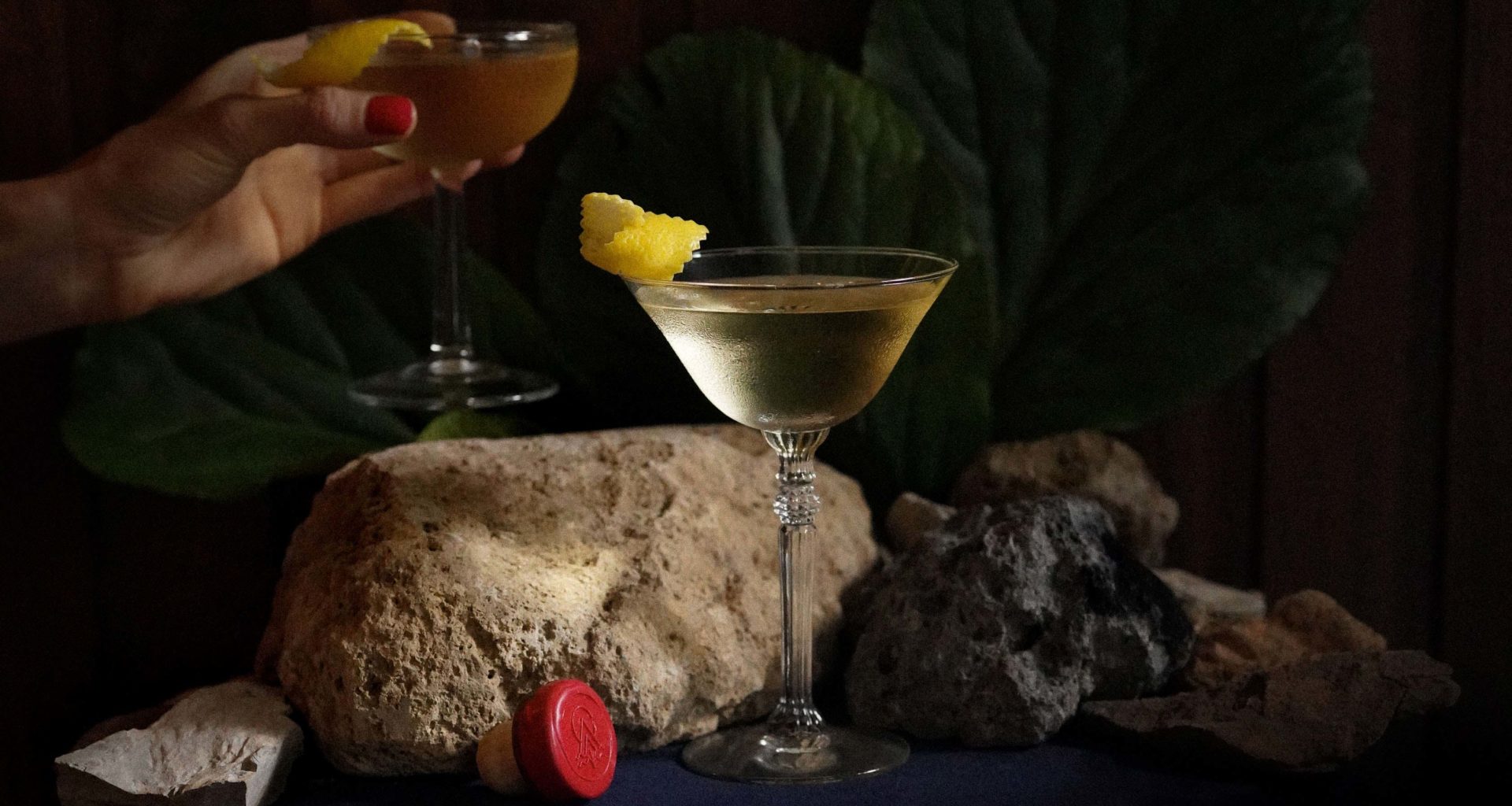 Two cocktails with a slice of orange peel and a background of stones and plants