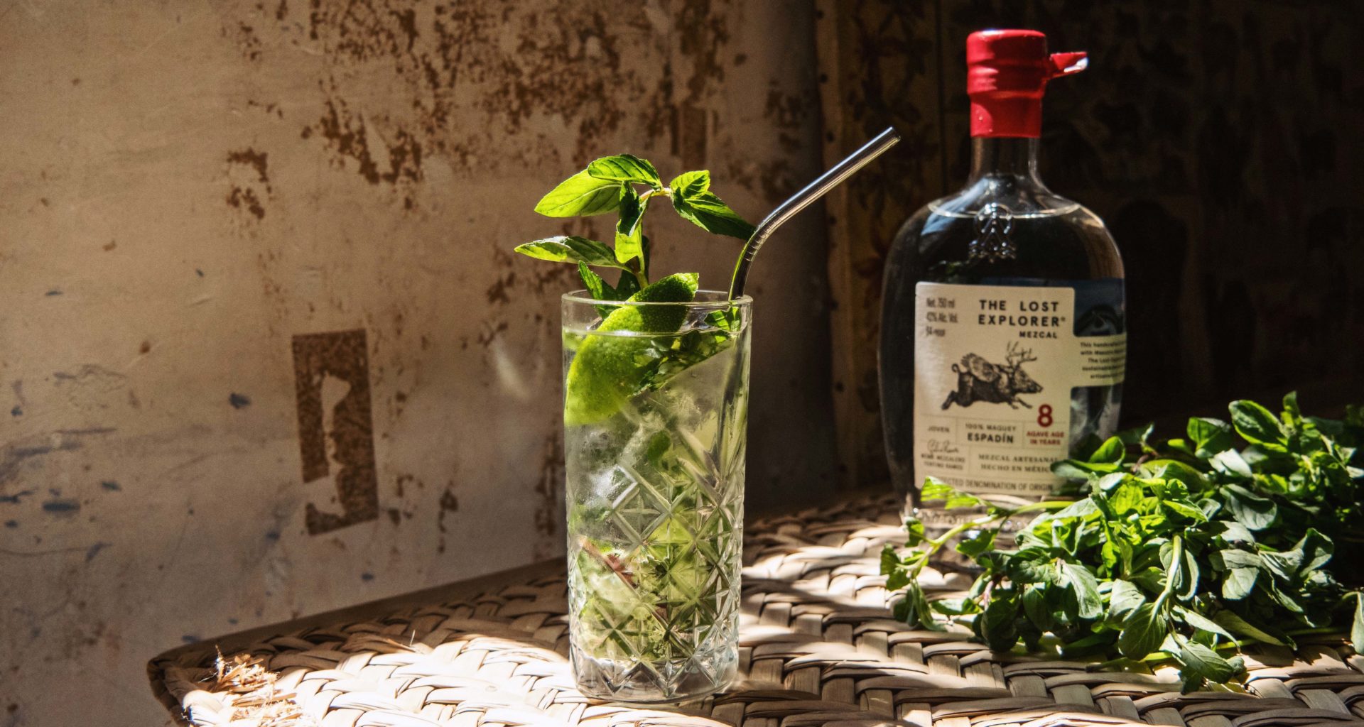 Mojito with mint and stainless steel straw, accompanied with a bottle of TLEM espadín