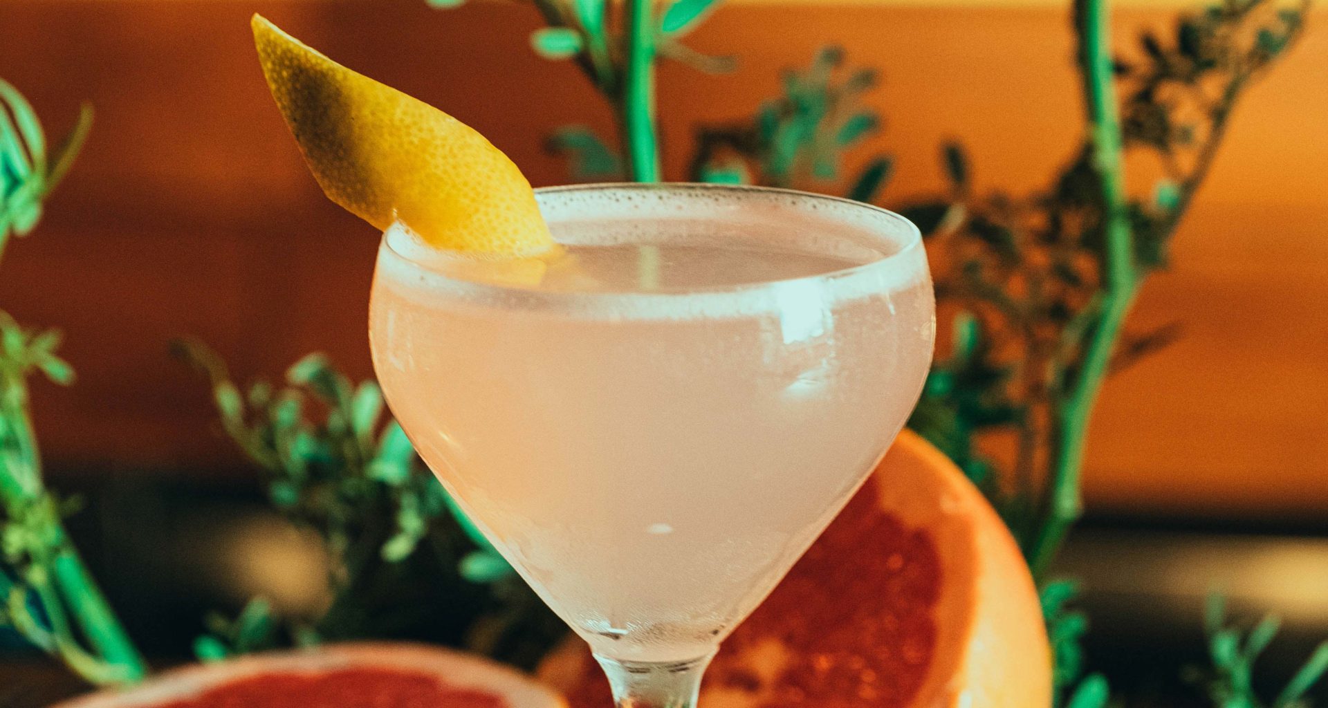 Cocktail with grapefruit peel slice with a background of plants and grapefruits